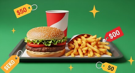 Delicious burger, fries, and soda combo deal, attractively presented on a tray with price tags.