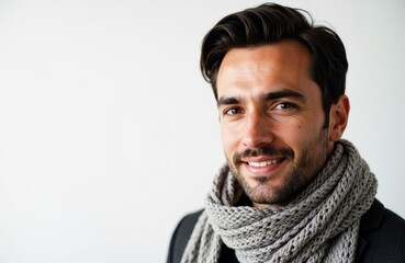A smiling man with dark hair wearing a gray knitted scarf and dark jacket against a plain light background
