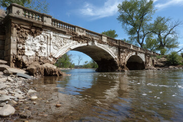 Fototapeta premium Futuristic stone bridge with bacteria repairing damage over a river
