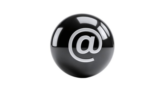 Black plastic bubble with contact symbol, 3D cartoon UI icon, isolated on transparent background 