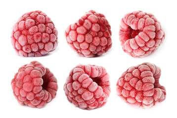 Many frozen raspberries isolated on white, set