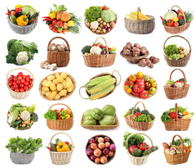 Many different fresh vegetables in wicker baskets isolated on white, set