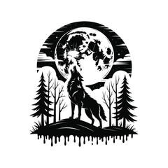 Fototapeta premium Mystical Wolf Howling at Full Moon Silhouette Vector Illustration in a Dark Forest Night Landscape
