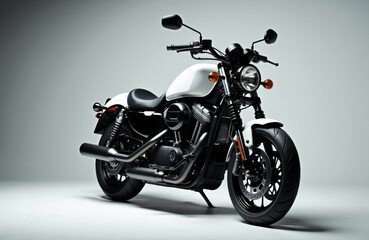 Motorcycle with black and white design on a neutral background