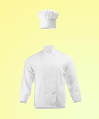 Chef's uniform in air against yellow gradient background. Toque and jacket