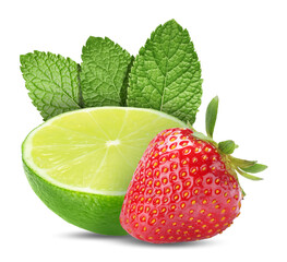 Fresh lime, strawberry and mint leaves isolated on white