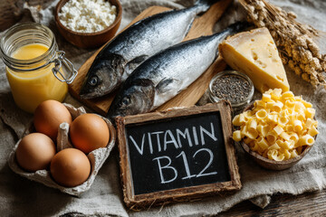 Fresh vitamin b12 sources with fish, eggs, and cheese on linen and chalkboard