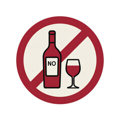 Prohibition sign, red circle, with a crossed-out wine bottle and glass