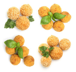 Different fried croquette balls and herbs isolated on white, set. Top view