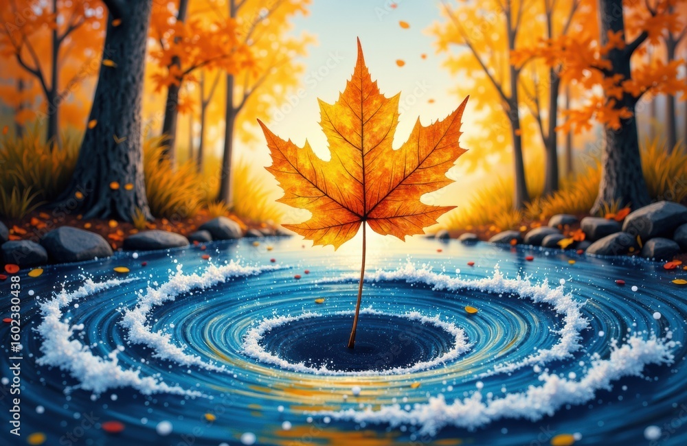 Poster a vibrant autumn scene featuring a large maple leaf floating above rippling water in a colorful fore