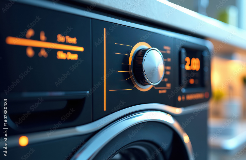 Poster washing machine control panel with settings and digital display