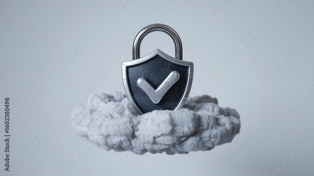 Poster secure cloud data protection padlock with checkmark on cloud