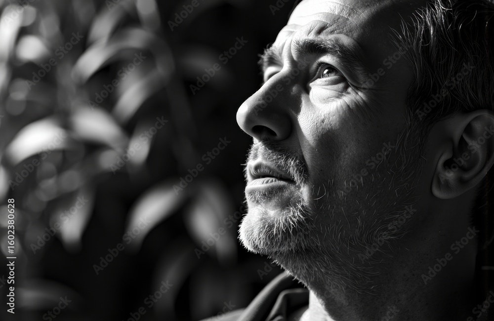 Poster a contemplative man gazes upward in a black and white portrait emphasizing emotion and introspection