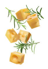Cheese cubes and rosemary falling against white background