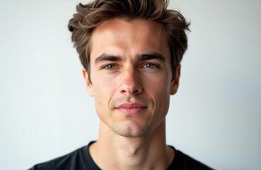 Confident young man with styled hair and clear skin looking at the camera