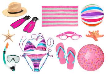 Collection of different beach accessories isolated on white