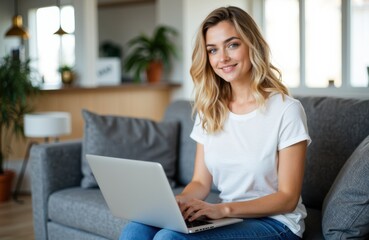 Fototapeta premium Woman using laptop at home in a cozy living room setting