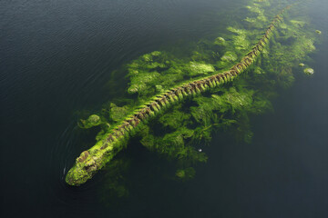 Loch ness monster spine emerging near algae-covered hydrophone in misty lake