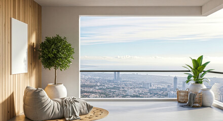 Cozy Interior with Scenic View of City and Mountains in Daylight