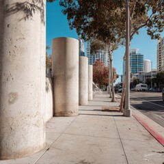 Sunlit city sidewalk with large concrete columns, trees, and distant buildings under a clear blue sky