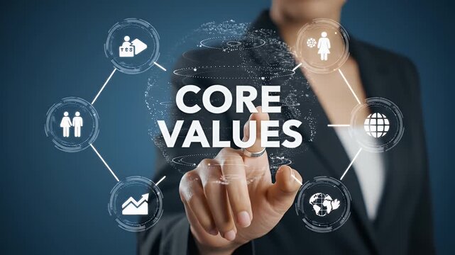Elegant Businesswoman Pointing to Core Values Text with Digital Icons on a Blue Background in a Corporate Setting