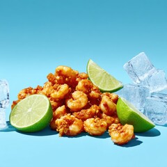 Spicy, crispy shrimp pile with lime wedges and ice cubes on a light blue background