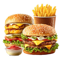 Two juicy burgers and french fries