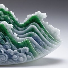 Intricately carved jade sculpture depicting cascading waves, transitioning from light grey-blue to deep green hues;  suggestive of ocean movement and depth