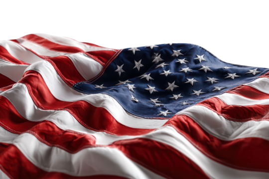 American flag waving red white blue stars stripes patriotism USA national symbol isolated on transparent background, perfect cutout, PNG