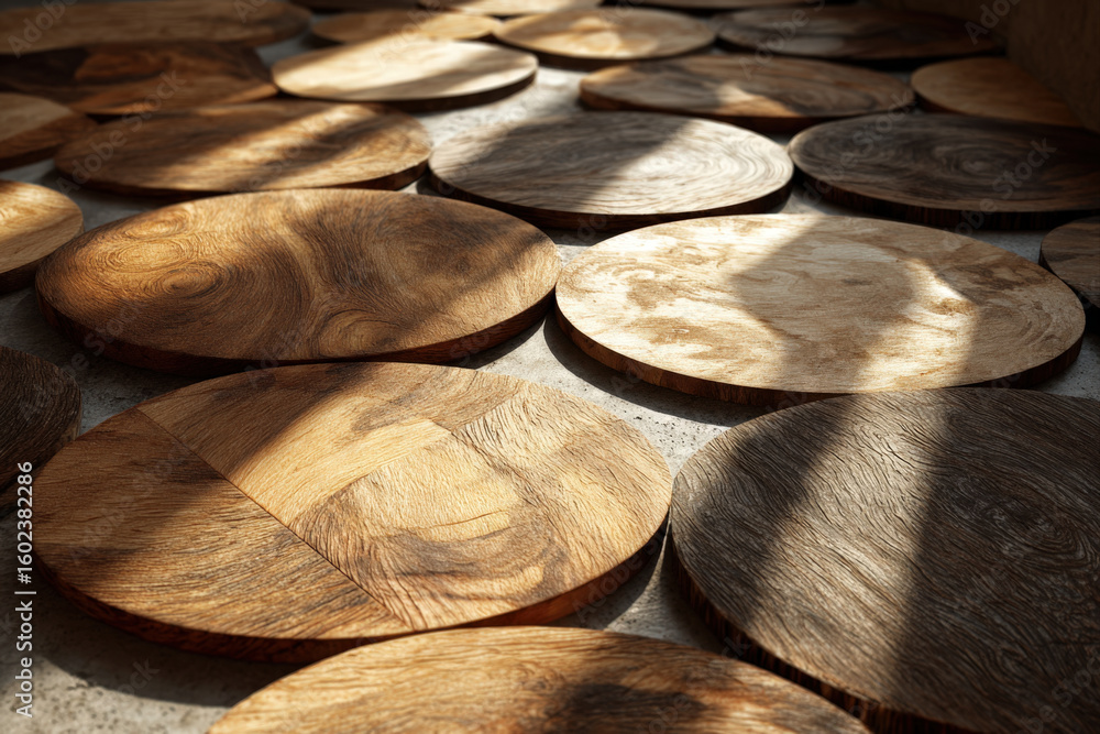 Poster close-up of wooden tiles with circular patterns illuminated by soft sunlight