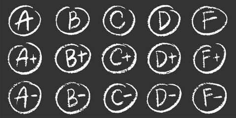 English exam grade mark set. Crayon A, B, C, D, F for examination. Circle grade score symbol. School teacher test. Vector handwritten scribble red marker academic symbols on chalkboard © PawLoveArt
