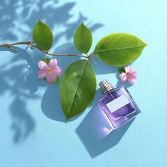 Purple perfume bottle rests on a light blue background, accompanied by a sprig with vibrant green leaves and delicate pink blossoms, casting shadows