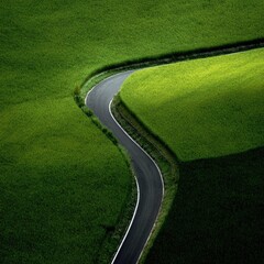 Winding asphalt road curves through vibrant green fields, sunlight illuminating sections, creating a scenic, pastoral view from an elevated perspective