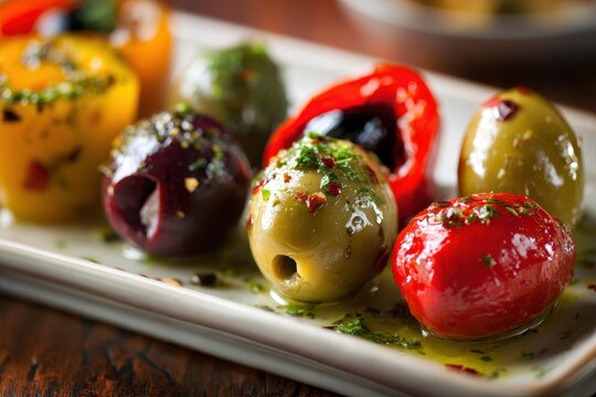 Shiny olives and tangy peppers create an enticing array of Mediterranean starters