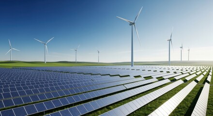 Green energy infrastructure featuring solar modules amid open land and rotating wind generators.