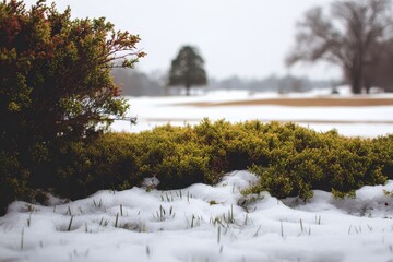 Moody green grass peeking through winter snow on a golf course with a bush behind