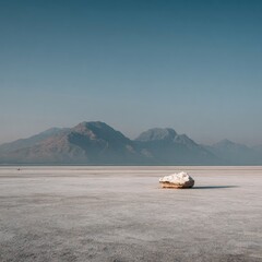 Solitary rock rests on expansive, flat salt flat under a clear sky, with hazy mountains in the distance