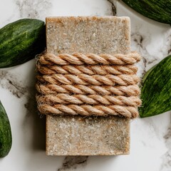 Rectangular bar soap, light beige with exfoliating particles, wrapped in natural twine, rests on marble surface amidst green leaves