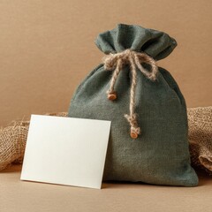 A muted green burlap sack with a drawstring closure and wooden toggles sits beside a blank white card on a neutral background