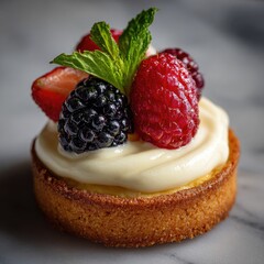 Mini tart with creamy filling, topped with fresh strawberries, raspberries, blackberries, and mint