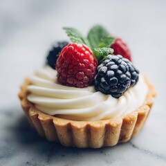 Creamy vanilla tartlet topped with fresh raspberries, blackberries, and a sprig of mint, resting on a marble surface