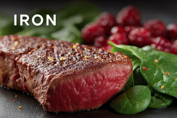 Rust-red 'iron' text over steak and spinach with hemoglobin molecule diagram
