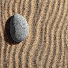 A smooth, grey stone rests on rippled, light brown sand, casting a subtle shadow