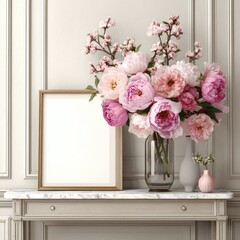 Elegant still life of pink peonies and cherry blossoms in glass vase, beside a gold frame on a marble-topped console table against a paneled wall