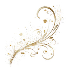 Ornate, gold-toned feather-like design with swirls and speckles