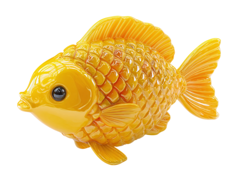 3D yellow cartoon fish icon in plastic style, marine life or aquarium concept, isolated on transparent background