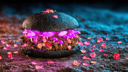 Surreal dark fantasy burger made of black charcoal buns, glowing purple mushrooms, enchanted forest moss, crimson petals, and magical ingredients