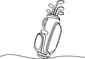 Continuous one line drawing of golf bag in minimalist vector style, simple single line art of golf equipment illustration