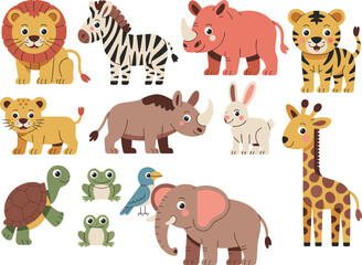 Cartoon animals including lion, zebra, elephant, giraffe, rhino, tiger, rabbit, turtle, frogs, and bird—ideal for kids and education