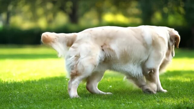 A Purebred Golden Retriever Enjoying a Sunny Day in a Park, Lying on the Grass and then Trotting Off, Perfect for Pet Care or Dog Food Commercials